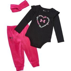Under Armour Baby Girls 3 Piece Set Velour Pants Black Bodysuit Headband 18M NWT